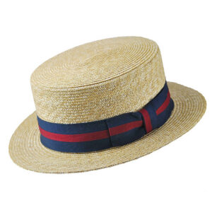 Natural Straw Boater Hat with Striped Band